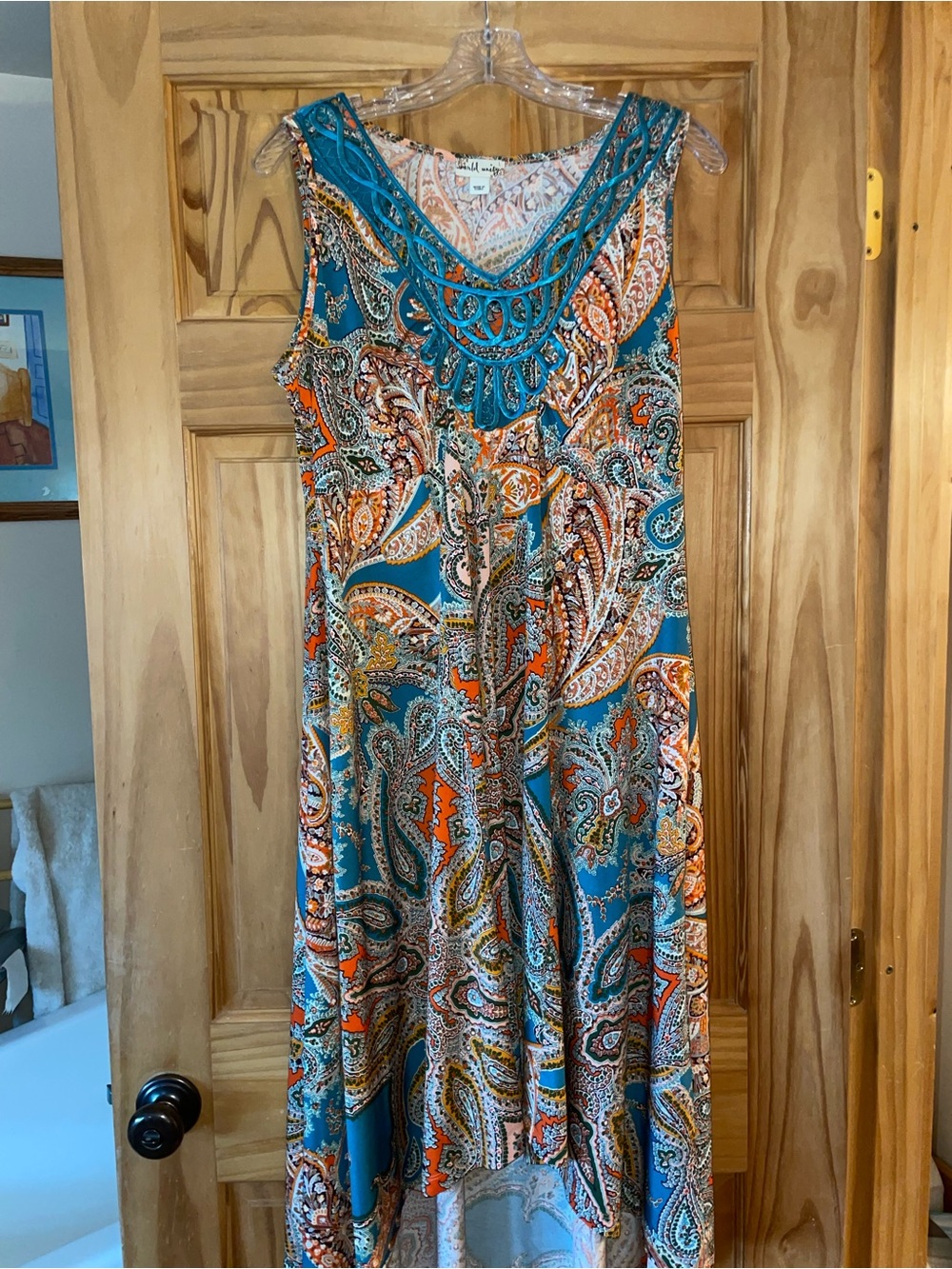 Sleeveless Teal Paisley High-Low Dress with Crochet Yoke